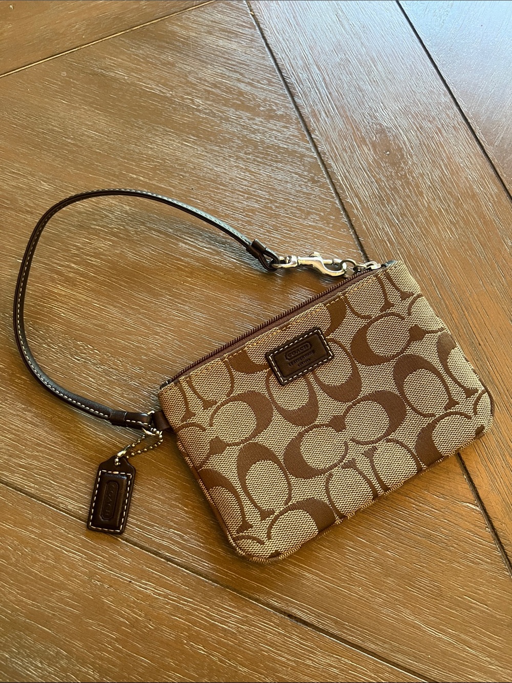 Coach Tan and Brown Signature Canvas Wristlet